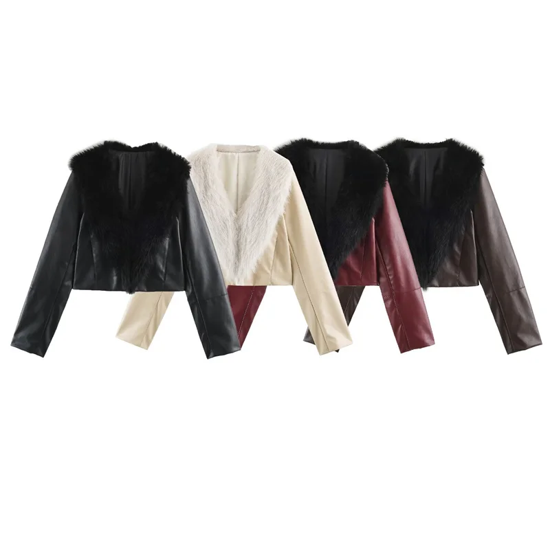 Guobioziy Women's Jacket 2026 Fall/Winter New European and American Style Long Sleeve Color-Block Collar Leather-Effect Jacket