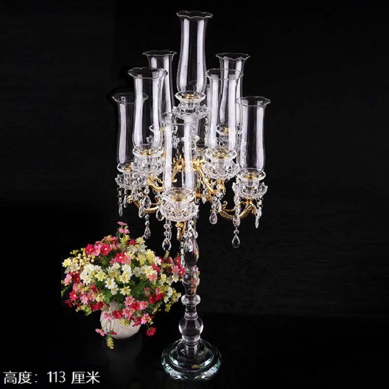 114Cm hour glass hurricane 9 arm gold metal arm crystal wedding candlestick MH-Z0391