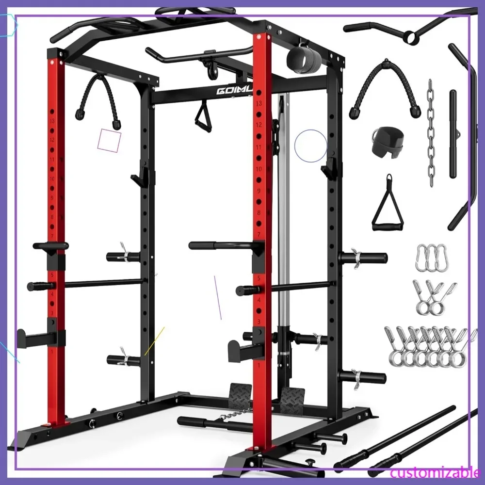 2000LBS Power Cage with LAT Pulldown, Multi-Function Squat Rack Strength Training Machine for Home Gym