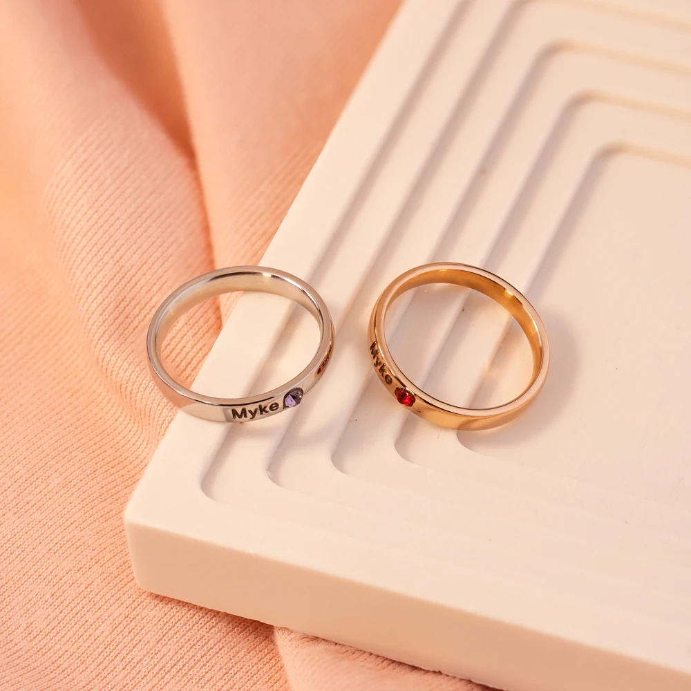 PolishedPlus Personalized Customized Name Ring With Birthstone Engraved Rings For Women Mother\'s Day Gifts