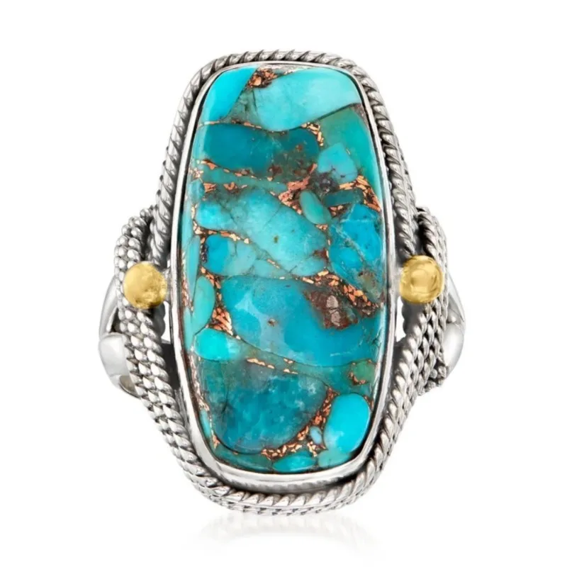 Vintage-Ring für Damen mit eingelegtem Imitat-Türkis, Ethno-Stil, silberfarben, geometrisch, für den Alltag, Partyschmuck, Jubiläumsgeschenk