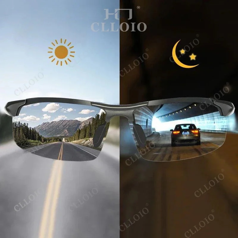 CLLOIO Aluminum Rimless Photochromic Sunglasses Men Polarized Driving Chameleon Anti-Glare Glasses Travel Fishing Goggle UV400