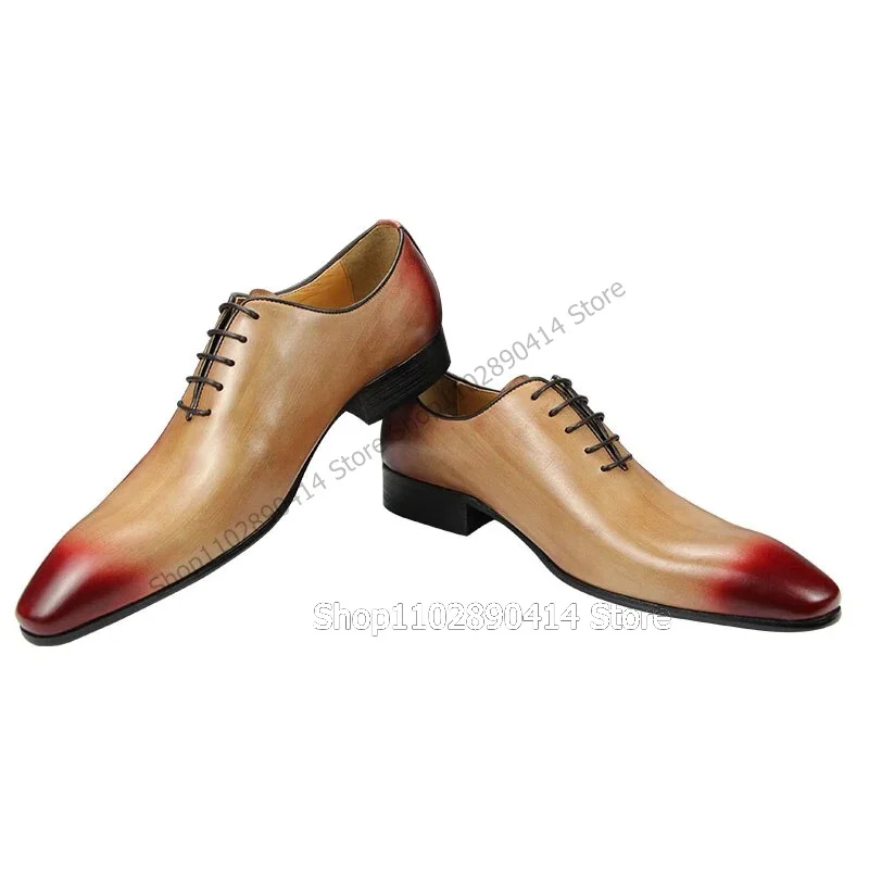 

Red Brown Pointed Toe Breathable Men Derby Shoes Fashion Lace Up Men Shoes Luxury Handmade Party Feast Banquet Men Dress Shoes