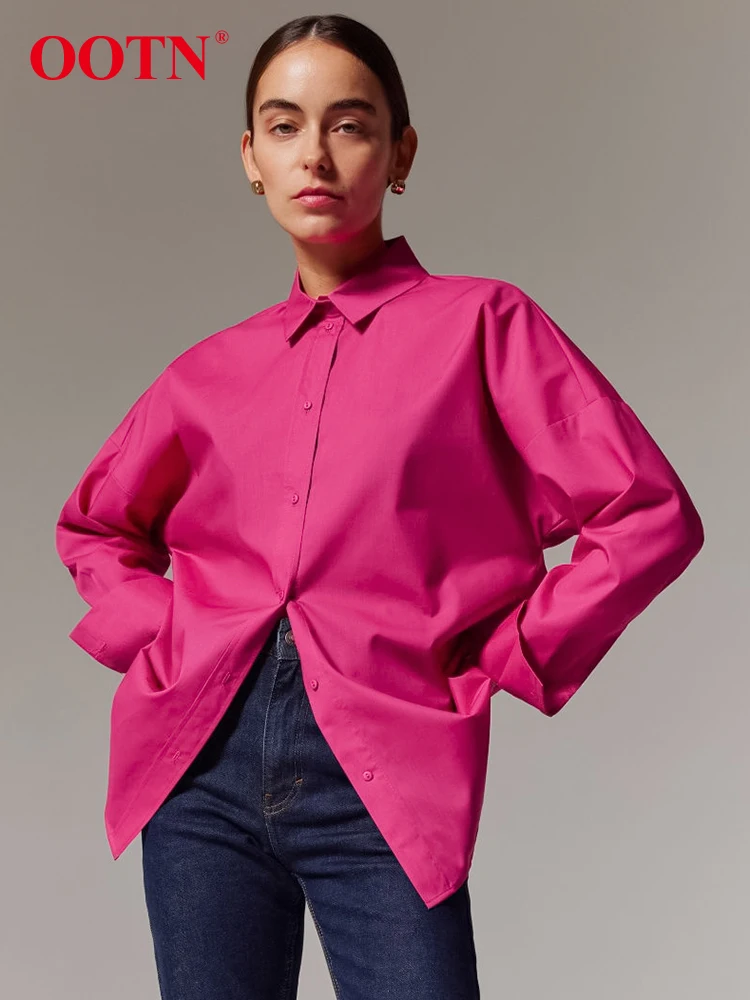 OOTN Office Rose Red Long Sleeve Woman Blouse 2024 Casual Spring Turn Down Collar Shirts Female Street Fashion Button Up Tops