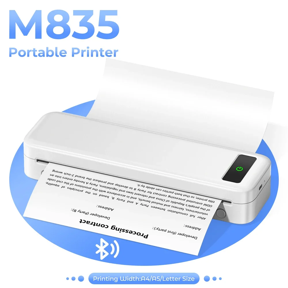 A285M Portable Printer Wireless Bluetooth A4 Thermal Printer for iOS Android Letter Mobile Printer for Home School Travel Use