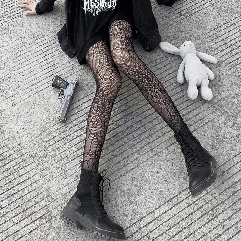 Japanese Girls Goth Punk Retro Spider Web Tights Classic Lolita Sexy Cosplay Anime Pantyhose Women Lace Mesh Stockings Bottomed