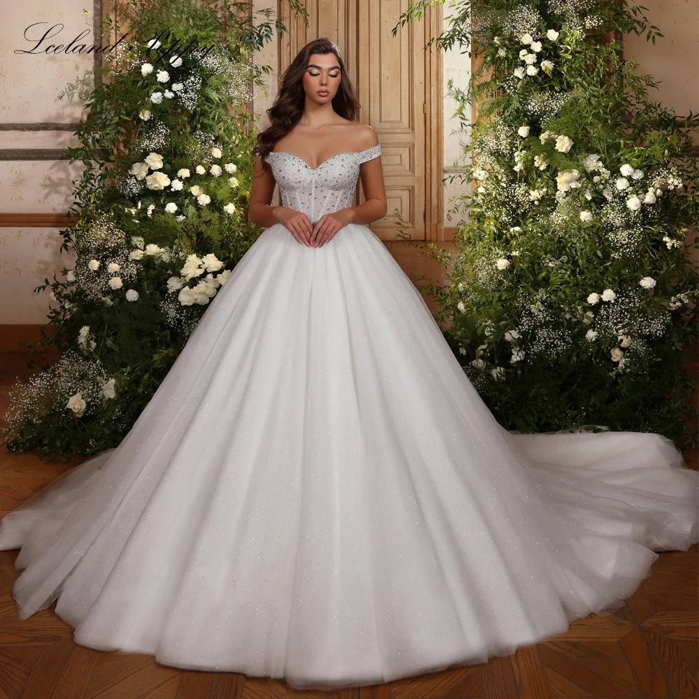 Lceland Poppy Off the Shoulder Ball Gown Wedding Dresses Princess Crystal Beaded Glitter Tulle Bridal Gowns with Chapel Train