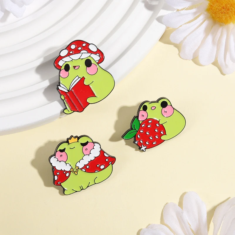 Kawaii Frog Prince Brooch Enamel Pins Cute Frog With Strawberry Mushroom Frog Brooches Bags Lapel Badge Jewelry Friends Gift