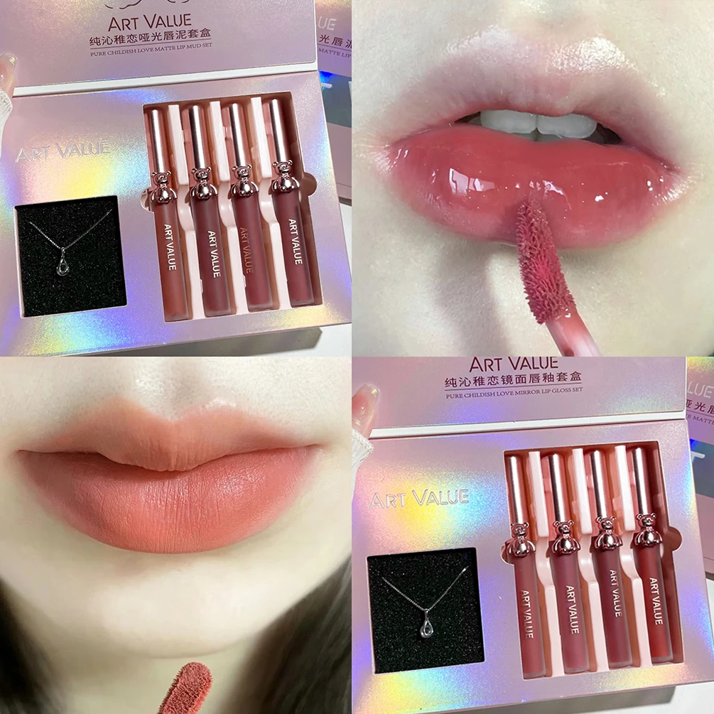 Matte Liquid Lipstick Lip Gloss Set Moisturizing Sexy Makeup Mirror Lip Glaze Necklace Lipgloss Cosmetics For Women Perfect Gift