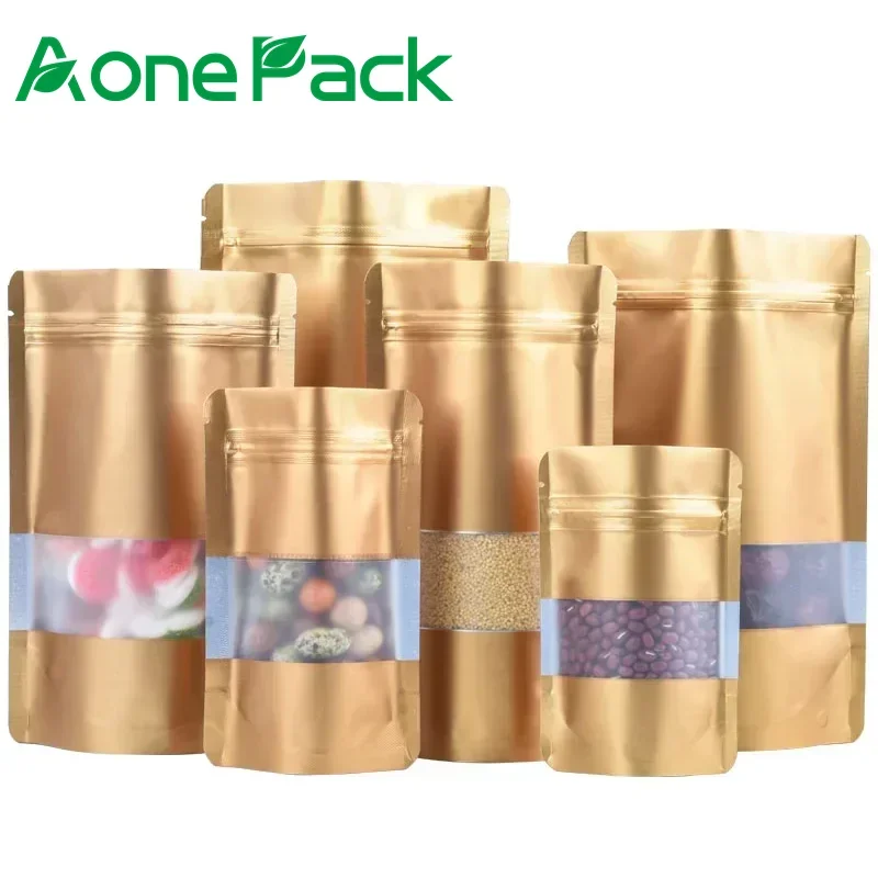 

Custom ziplock Bag Gold Resealable Freeze Dried Candy Aluminum Foil Doypack With Window Ziplock Food Packaging Mylar Bags