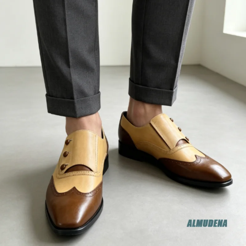 Khaki Brown Two Tone Button Slip On Brogue Shoes Men Faux Leather Outdoor Spring Autumn Trendy Office Party Walking Dress Shoes