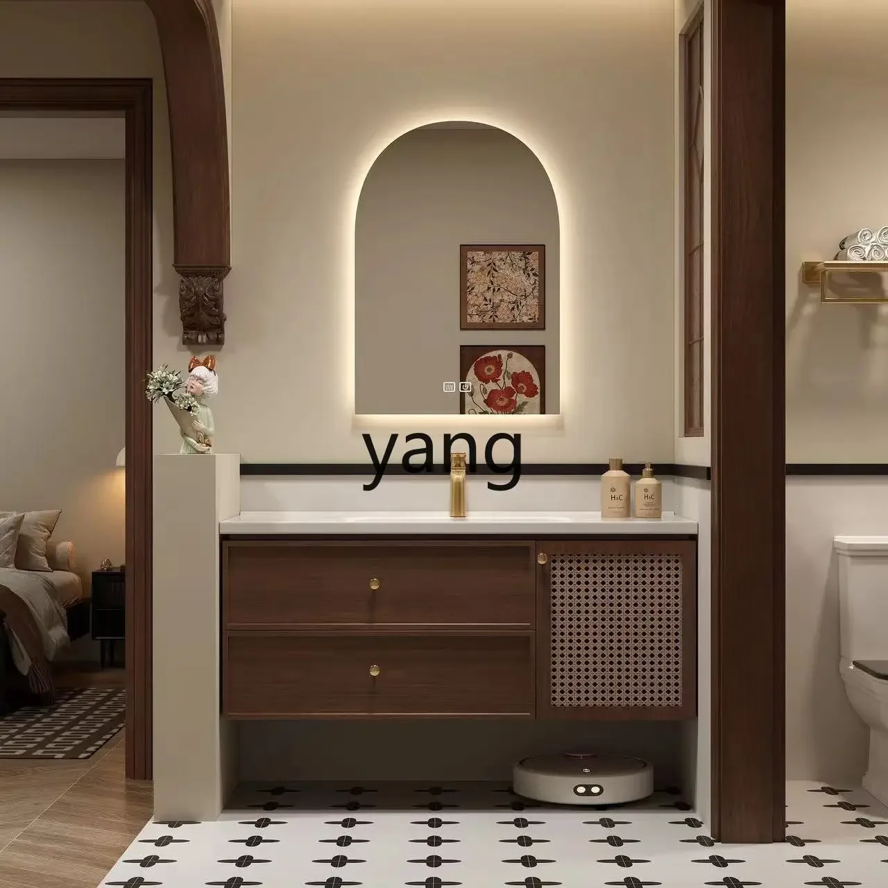 خزانة حمام LH من الخشب الصلب لغسل اليدين وحوض سيراميك متكامل من خشب الجوز