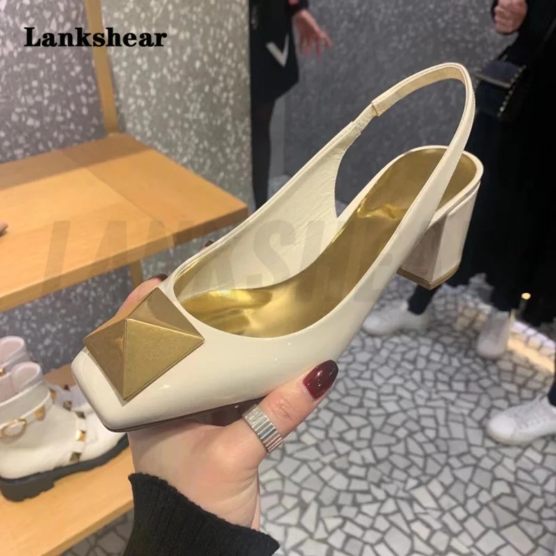 Gold Square Rivets High Heels Sexy Word Buckle Square Toe Sandals Women\'s Thick Heel Hollow Single Shoes Spring Summer New