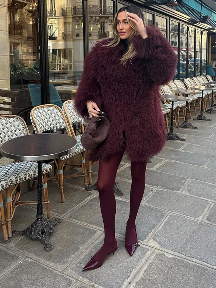 Fashion Wine Red Faux Fur Coats Vintage Lapel Long Sleeves Furry Plush Warm Outerwears Women Casual Winter High Street Outerwear