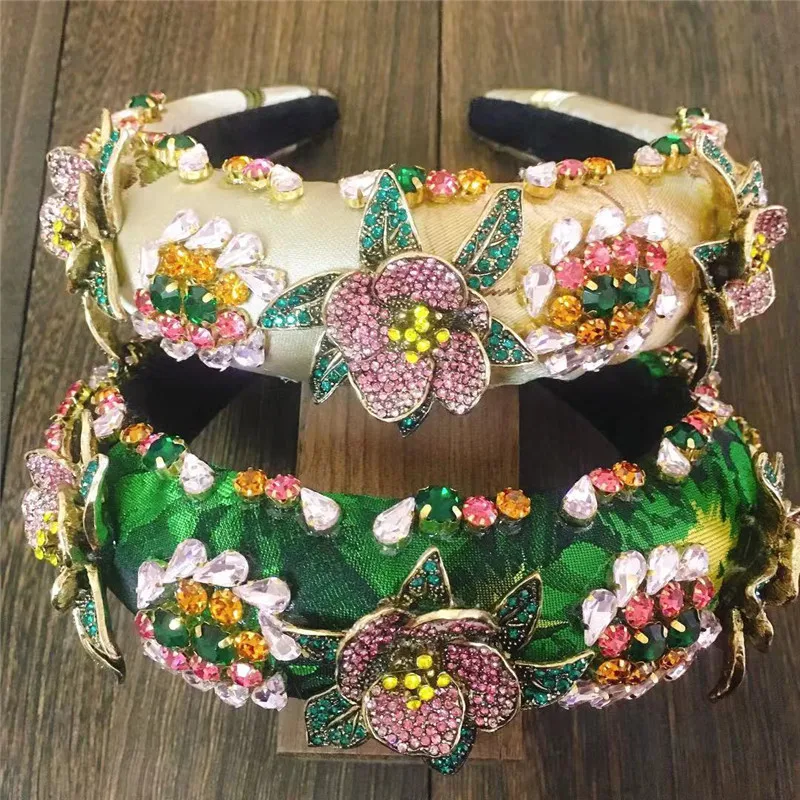 

Luxury Baroque Headband Flower Geometric Design Hairband Full Crystal Personality Hairband Girls Green Rhinestones Hairbands