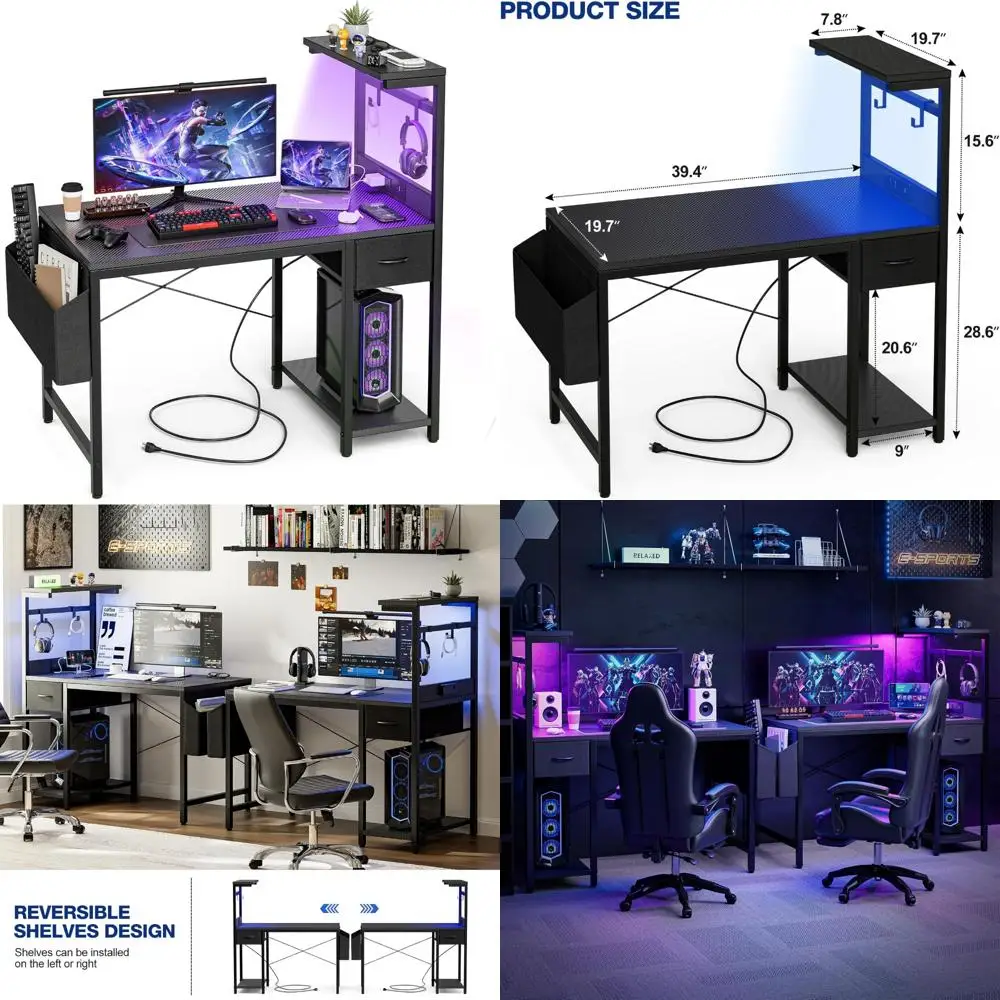 مكتب ألعاب بإضاءة LED مقاس 40 بوصة مع مخرج طاقة وأرفف قابلة للعكس ودرج تخزين لإعداد الكمبيوتر المدمج #1