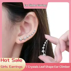 Seven Star Crystals Leaf Shape Ear Climber Stud Ear, Alloy Ear Cuff Hook, Joias para mulheres e meninas, 1 par