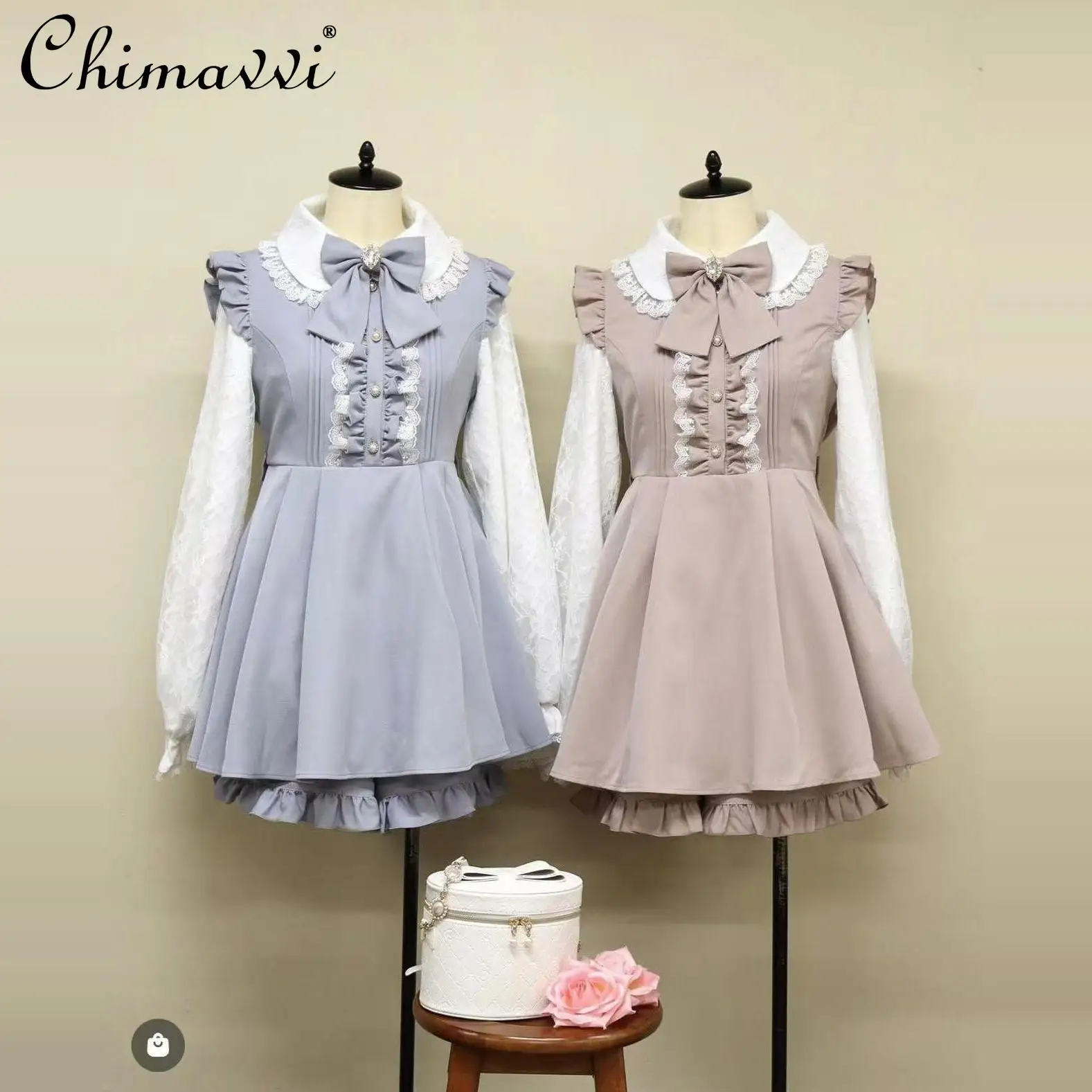 Ensemble deux pièces Lolita pour filles japonaises, robe mince à gros nœud, haut et short, épissage en dentelle, bord champignon, mignon