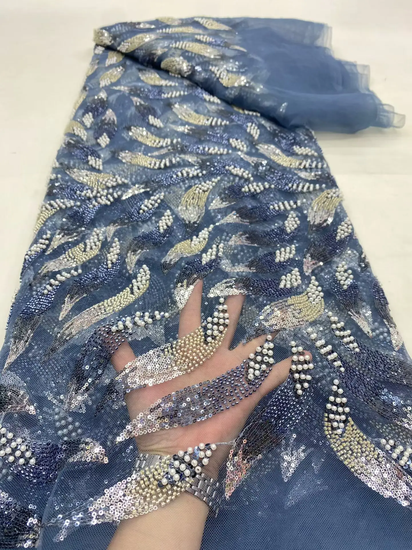 

Royal Blue African Organza Lace Fabric 2025 High Quality French Luxury Beads Lace Nigerian Sequins Tulle Lace Fabric For Wedding