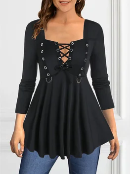 Grande taille à lacets longs t-shirts couleur unie manches longues hauts mode col carré haut basique automne printemps pulls t-shirt