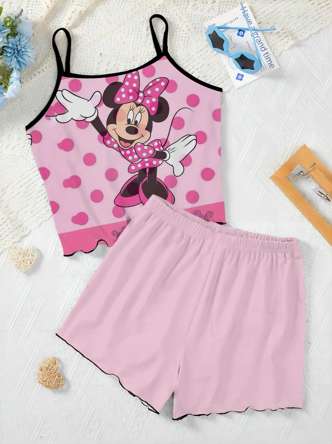 Pajama Skirt T-shirt Elegant Women's Sets Home Dress Minnie Mouse Mickey Lettuce Trim Disney Top Pieces Short Suit Disney Mickey