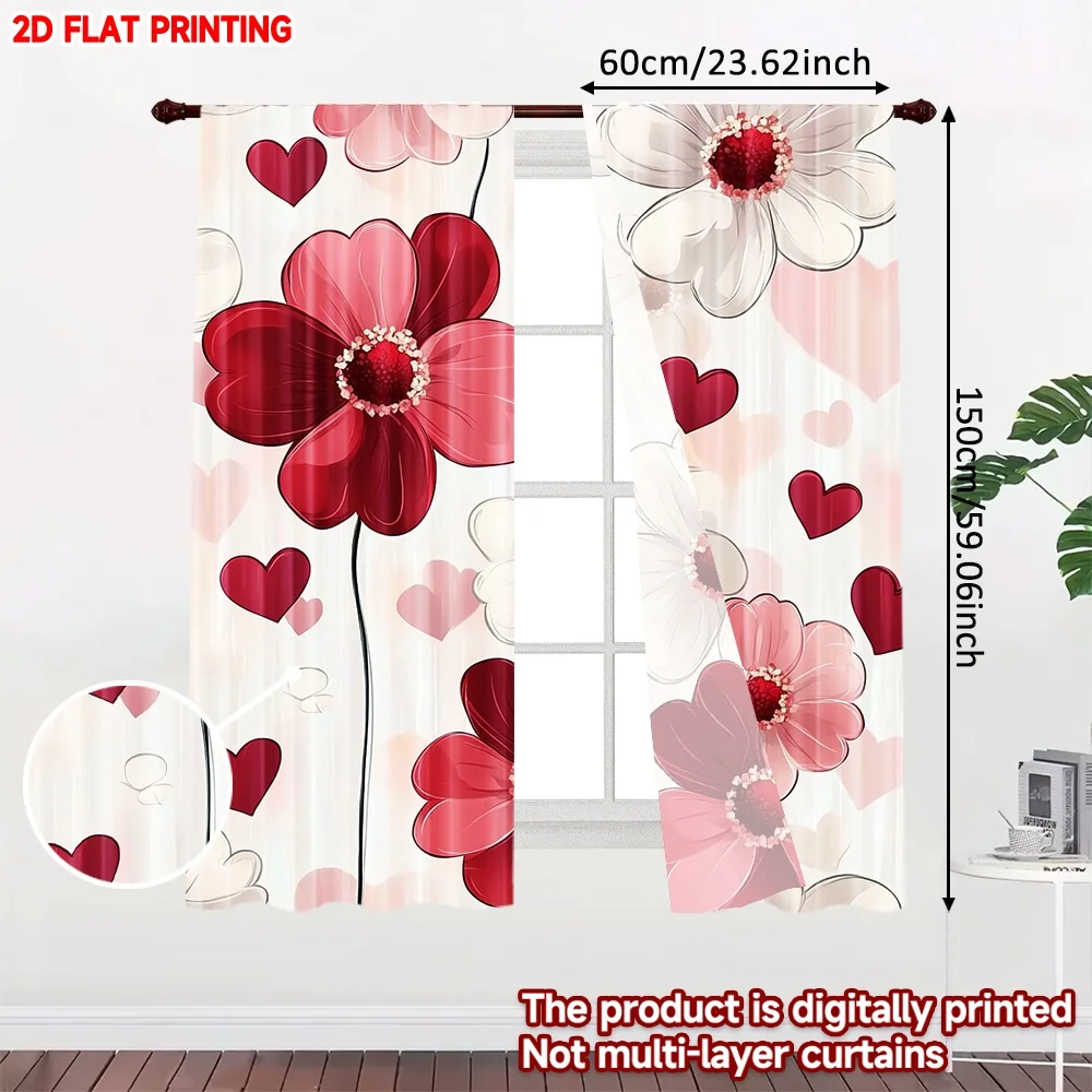 2D flat printing 2pcs Curtain Curtain Valentine's Floral Hearts Digital Printed Polyester Drapes Holiday Decorations Use for
