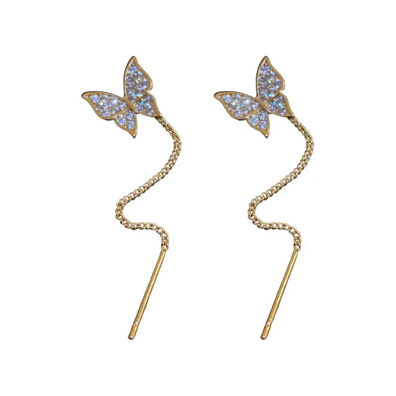 Pretty 925 Sterling Silver Butterfly Long Tassel Crystal Zircon Ear Line Earrings For Women Girls Wedding Party Jewelry Gifts