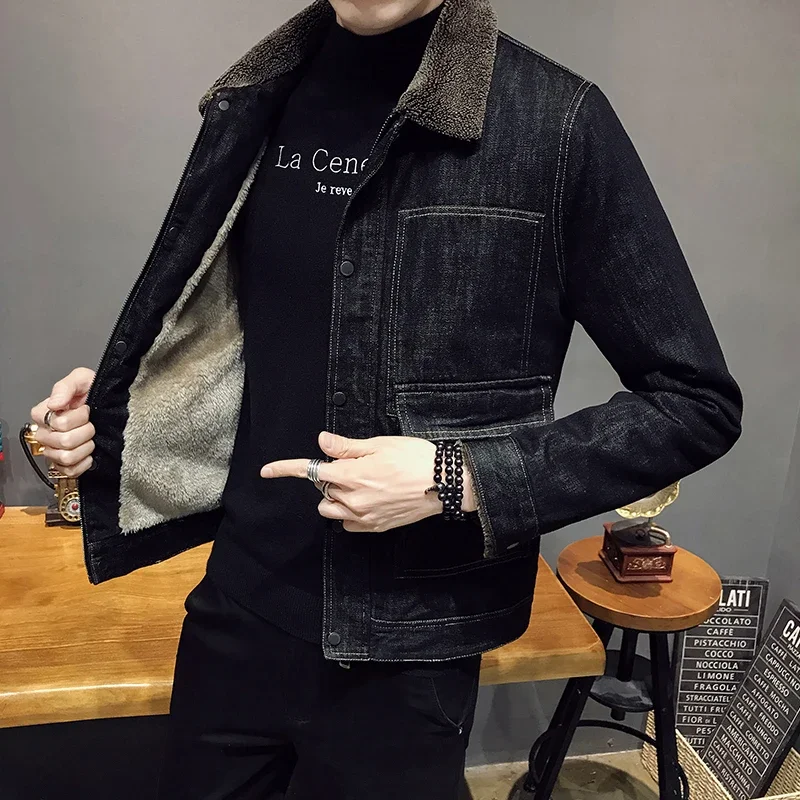 

Men's Fall/winter Denim Jacket 2023 New Men's Fashion Casual Pure Cotton Thickened Warmth Slim Lamb Fur Collar Denim Coats Tops