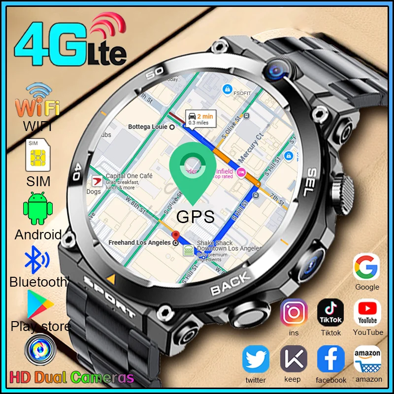 4G Net Smartwatch Android os with GPS Video Voice Wi-Fi Call Messaging 2 Cameras Support 4G Sim Card WIFI Men's Smart Watch 2024