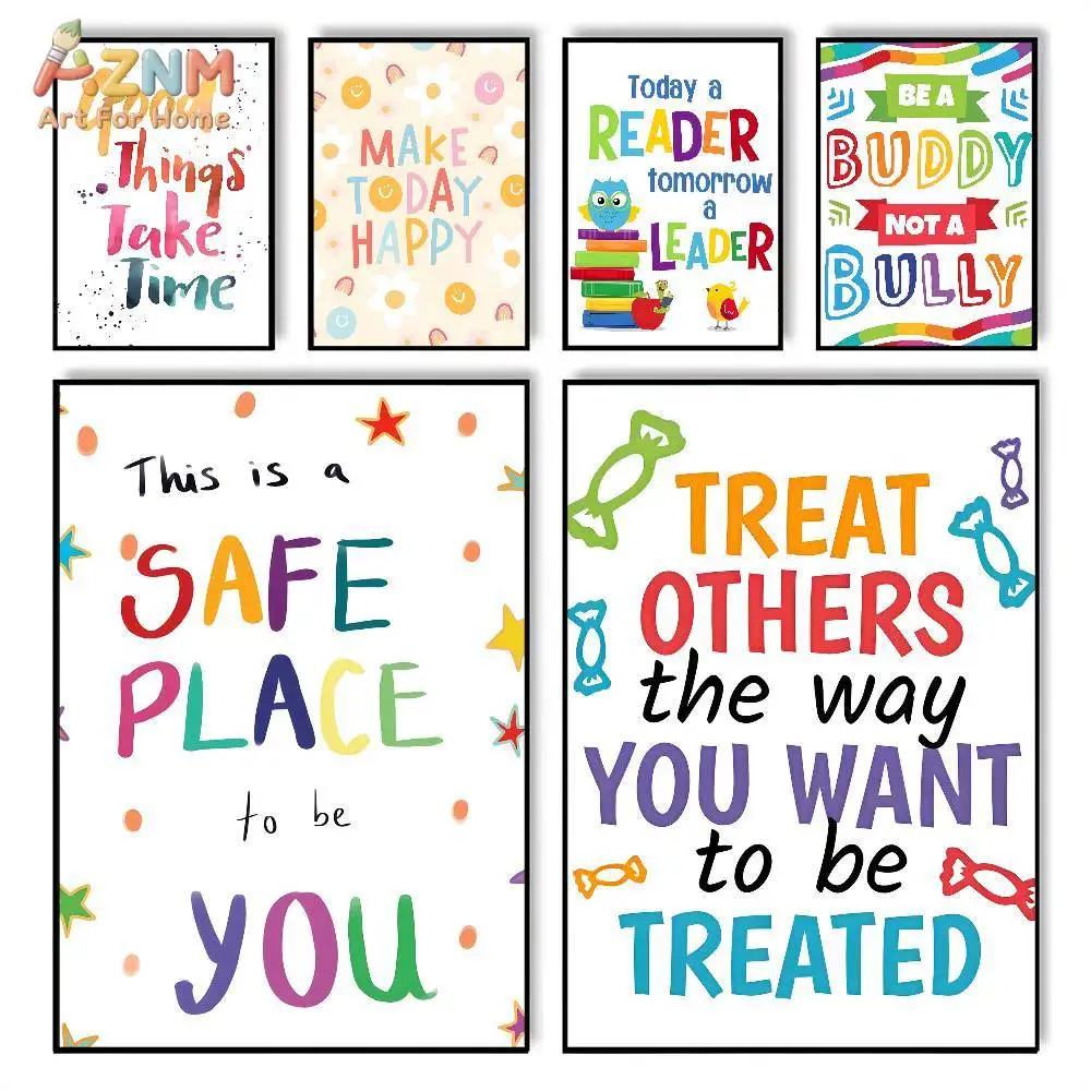 AZNM Colorful Positive Quote Canvas Wall Art Kindness Motivational Phrases Friendly Classroom Preschool Kids Playroom Educationa