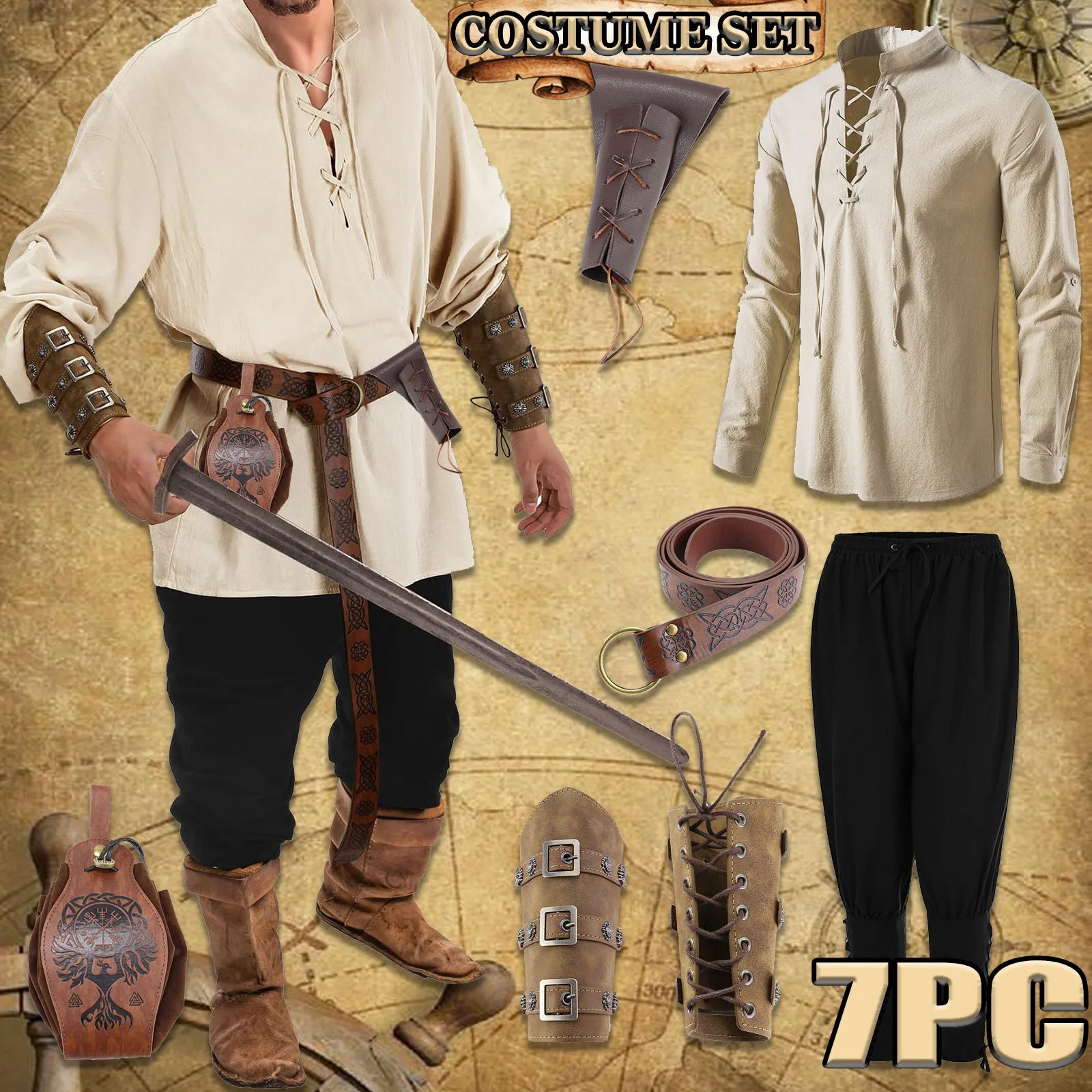 

Male Classic Lace Up Shirt Shirt Pants Halloween Carnival Oktoberfest Outfits Scarf Accessory Set Medieval Medieval Mugs for Men