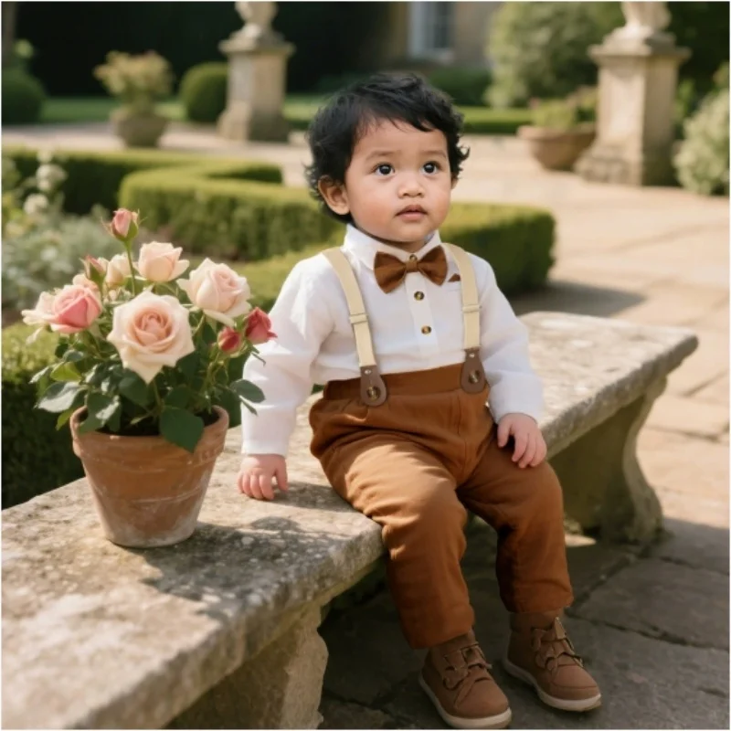

2025 Autumn Toddler Boy Formal Romper Outfit Set with Bow Tie Suspenders Vintage Gentleman1-3Y