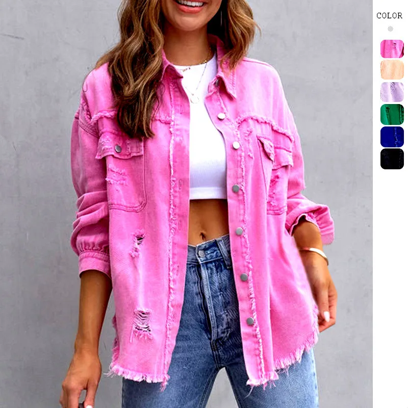 

Women Pocket Hole Tassel Turndown Collar Denim Button Casual Boho Full Long Sleeve Spring Winter Cardigan Jacket Coats Outerwear