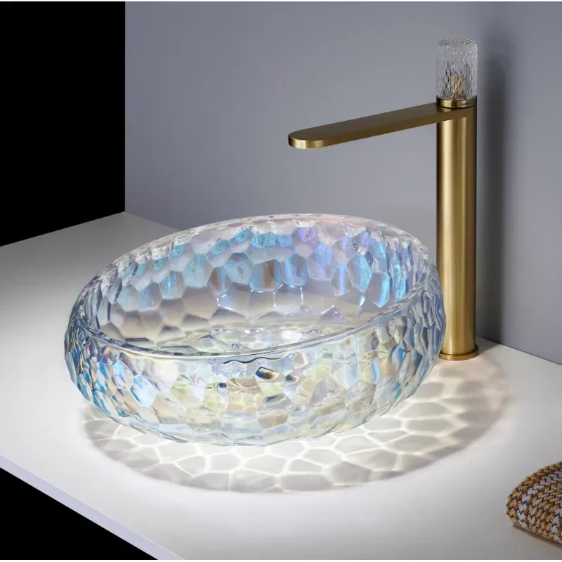 Modern Crystal Glass Vessel Sink Round Art Basin for Bathroom Vanity Top Washbasin Hotel Luxury Decorative Hand Washing Bowl