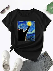 Cat & Starry Night Painting Pattern T-Shirt, Cute Crew Neck Short Sleeve Top For Spring & Summer, Women's Clothing