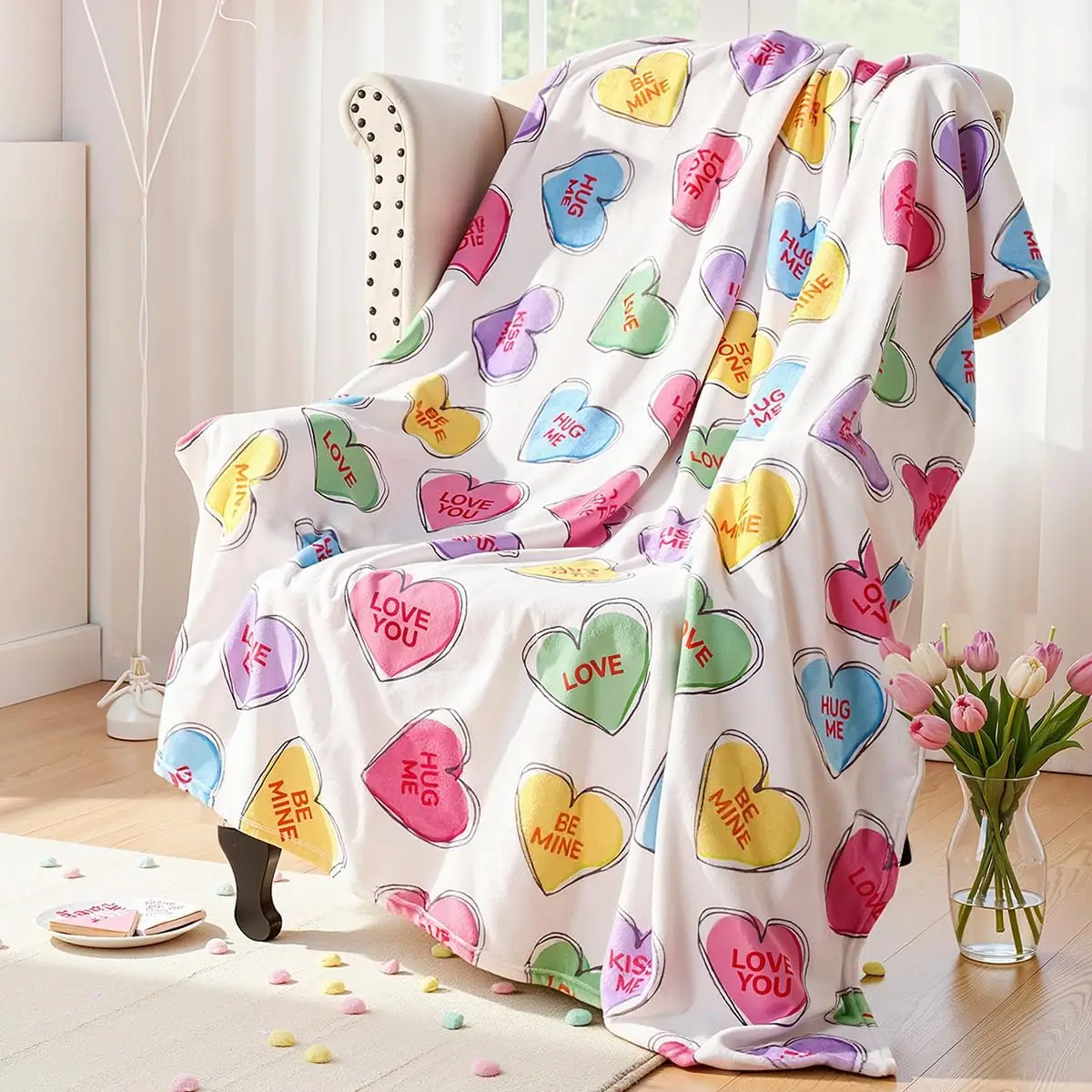 Valentines Day Decor: Hand-Painted Candy Heart Flannel Flannel Throw Blanket, Ultra Soft Plush Travel Blanket, Cozy Romantic Val