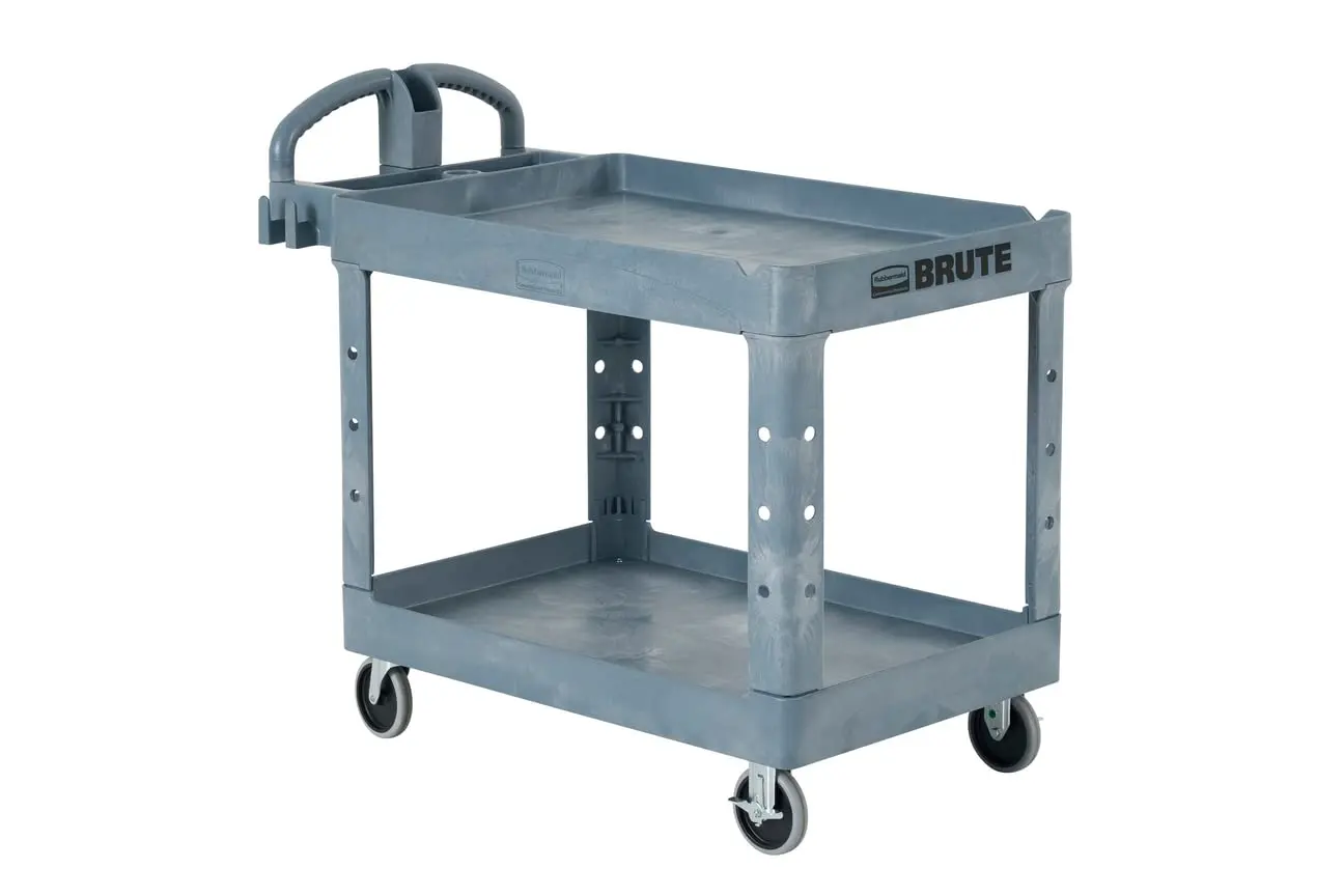 Products Brute Heavy Duty 2-Shelf Utility/Service Cart, Large, Lipped Shelves, Ergonomic Handle, 750 lbs.