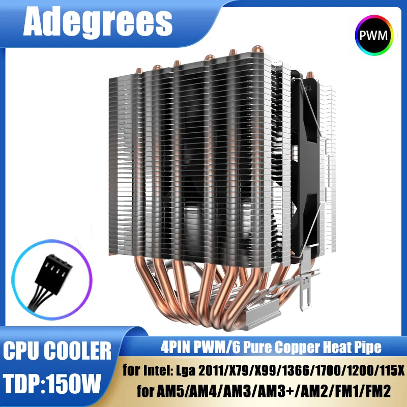 Enfriador de Aire para CPU con 6 Tubos de Calor, Radiador para PC Compatible con Intel LGA 1700 1200 1150 1151 1155 2011 X79 X99 1366 AMD AM5 AM4, Sin Luz, Sin Ventilador