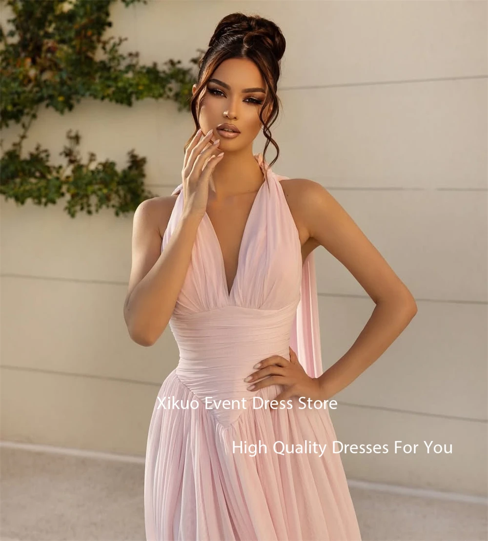 Xikuo Graceful Pink Chiffon Evening Dresses A Line Deep V Neck Prom Party Gowns Summer Pleated Long Celebrity Gowns Customized