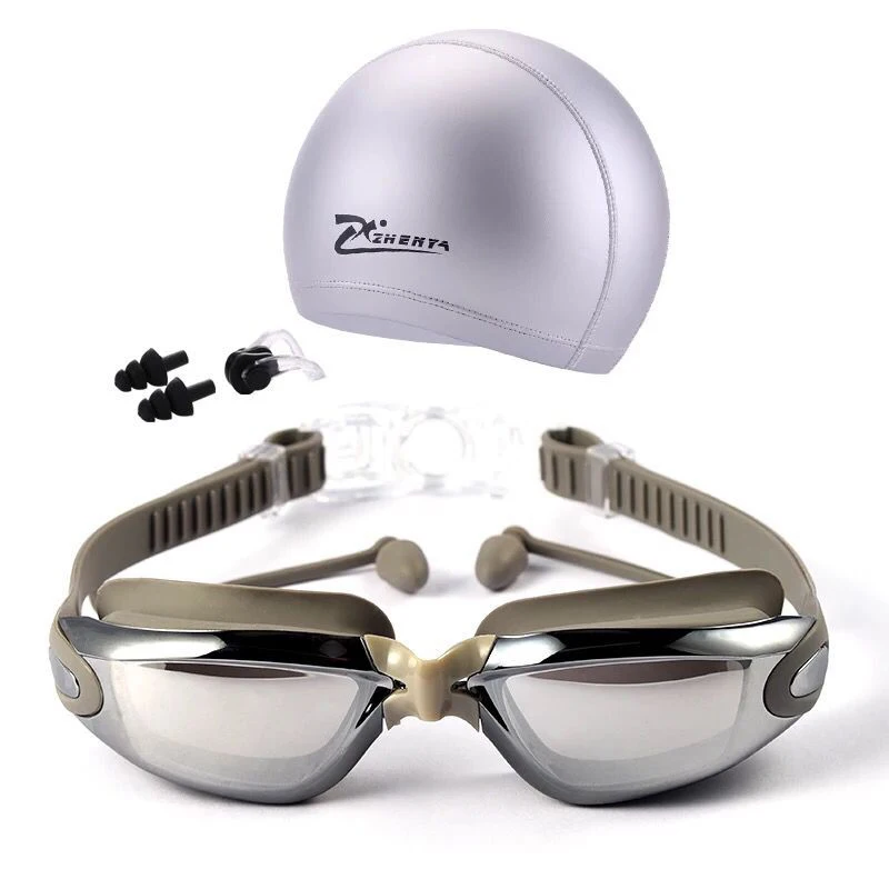 Swim Goggles with Cap Ear Plug Nose Clip Suit Professional Swimming Glasses Anti-fog PU Hat Waterproof Swim Eyewear