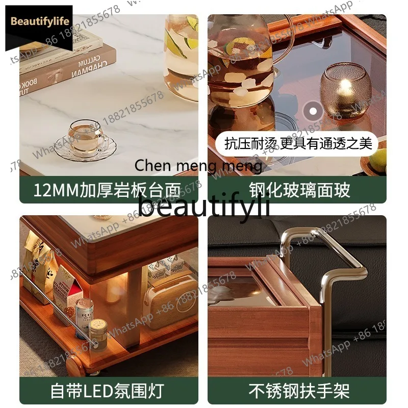 GG New Retro Extendable and Movable Coffee Table Rock Board Multifunctional Side Table Small Trolley