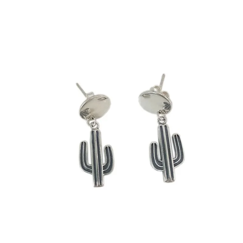 

S925 whole body sterling silver cactus stud earrings female retro temperament student personality simple earrings