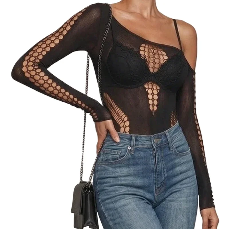 Sexy Porno Bodysuit High Elastic Jumpsuits Female Fishing Nets Tight Lingerie Clothes Erotic Hollow See Through Mesh Bodysuit