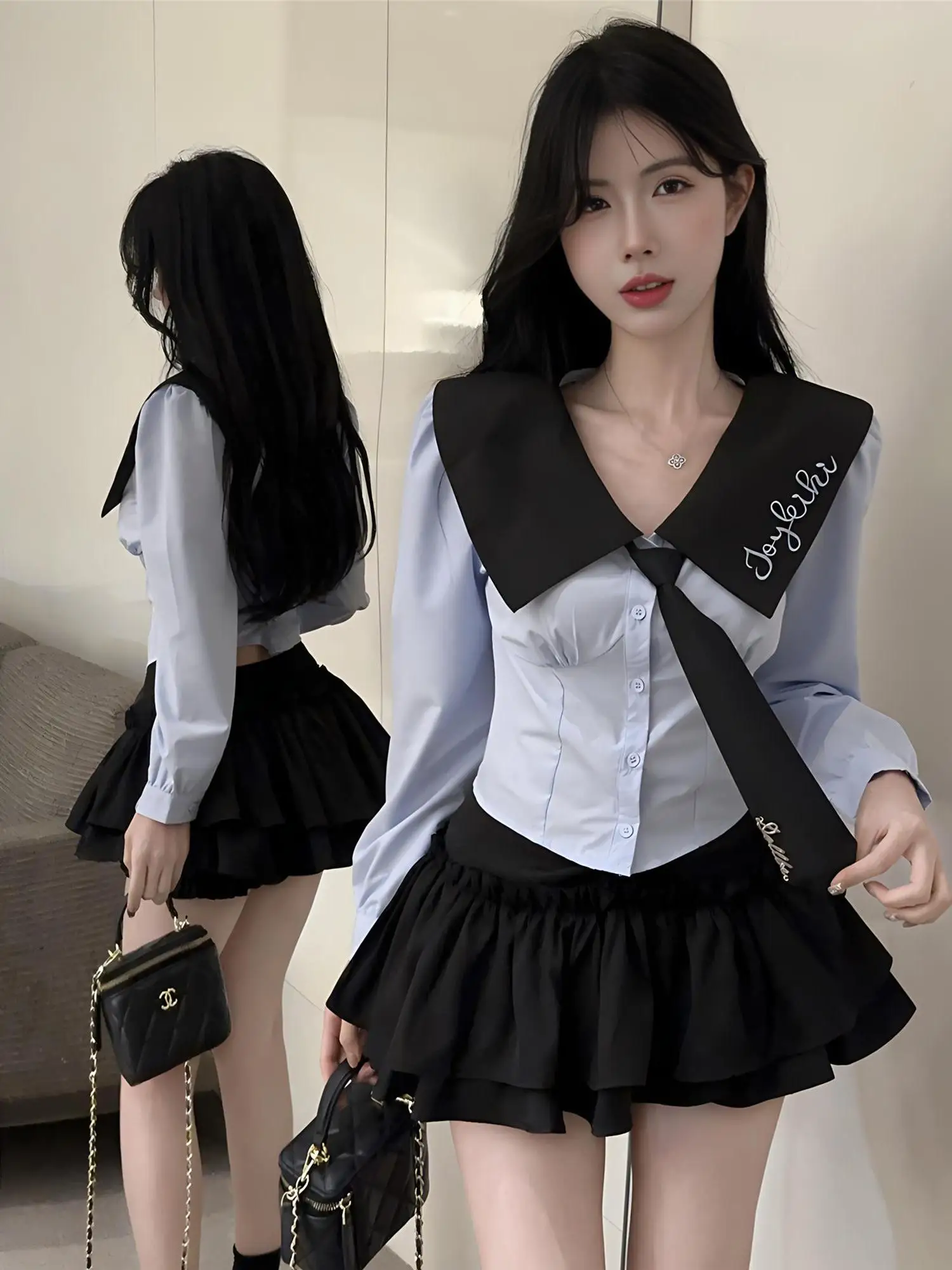 

Sweet And Spicy College Style JK Uniform Set Women's Long Sleeve Navy Collar High Waist Cake Skirt Two Piece Set