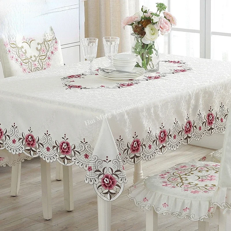 Table Cloth Satin Jacquard Milky Elegant Embroidered Tablecloth Table Juppe Flower Dining Table Cover Home Christmas decoration