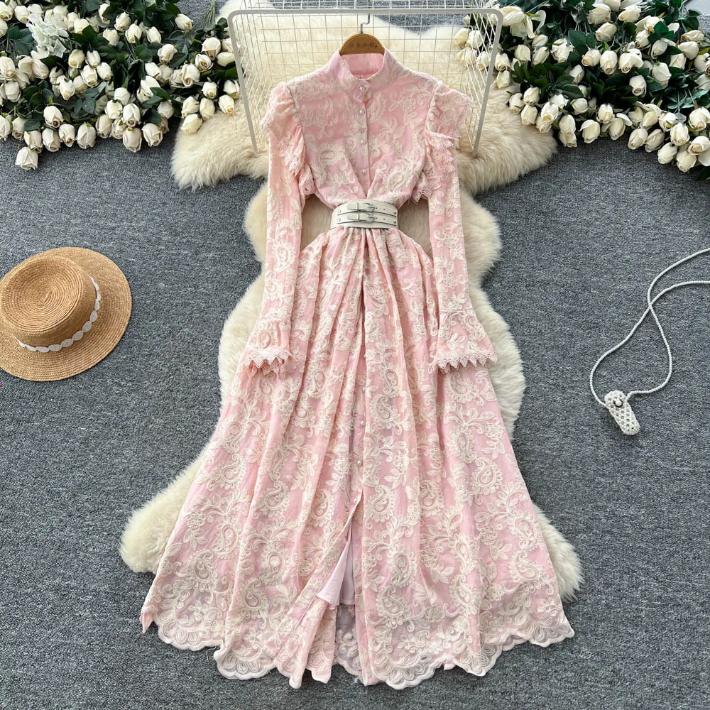 

Elegant long sleeve Edible Tree Fungus button A-line dress autumn korean fashion Vintage women clothing