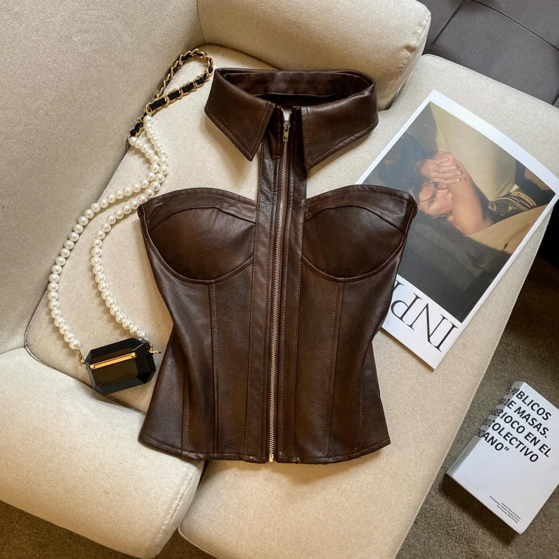 Women's Summer Design Sense French Boned Halter Neck Camisole with Non-removable Padding, Waist-cinching and Neck-hanging Top