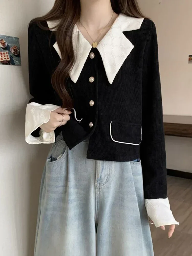 Vintage Schlanke Frauen Cord Hemd Casual Patchwork Süße Bluse Elegante Tasten Koreanische Einfache Frühling Retro Weibliche Tops Neue