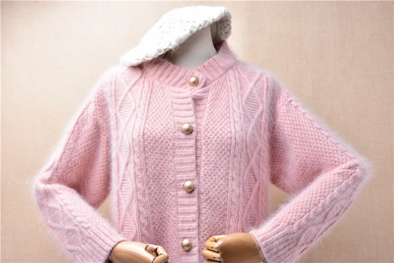 Women Mujer Autumn Winter Clothing Pink Thick Warm Jacquard Angora Rabbit Hair Knitted Long Sleeves Loose Cardigans Sweater Coat