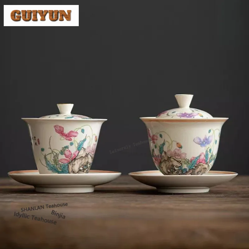 Hand Painted Poppy Gaiwan Vintage Anti-scald Tea Tureen Tea Bowl With Lid Kit Tea Brewing Cover Bowl Cha Supplies Decoration